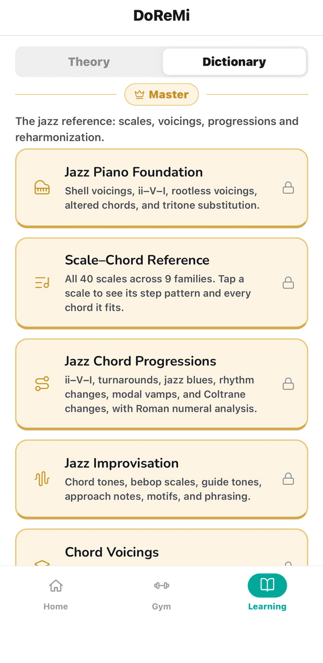 DoReMi Master dictionary: jazz piano foundation, scale-chord reference with 40 scales, jazz chord progressions, jazz improvisation