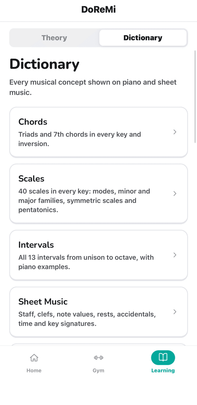 DoReMi Dictionary: chords in every key and inversion, 40 scales, 13 intervals, sheet music