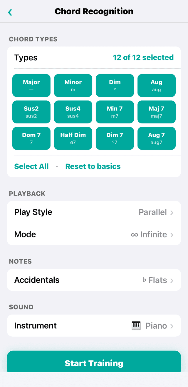 DoReMi chord recognition setup: twelve chord types, play style, accidentals and instrument