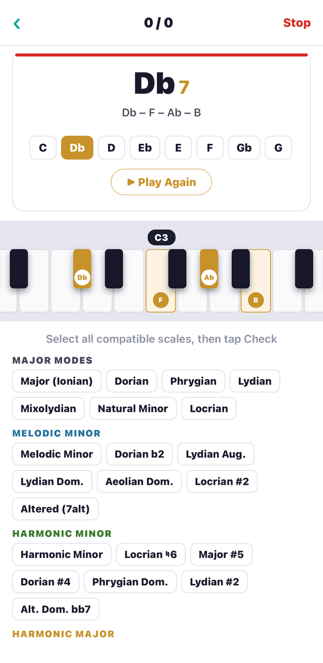 DoReMi gym drill: a Db7 chord on the piano with compatible scales to choose from