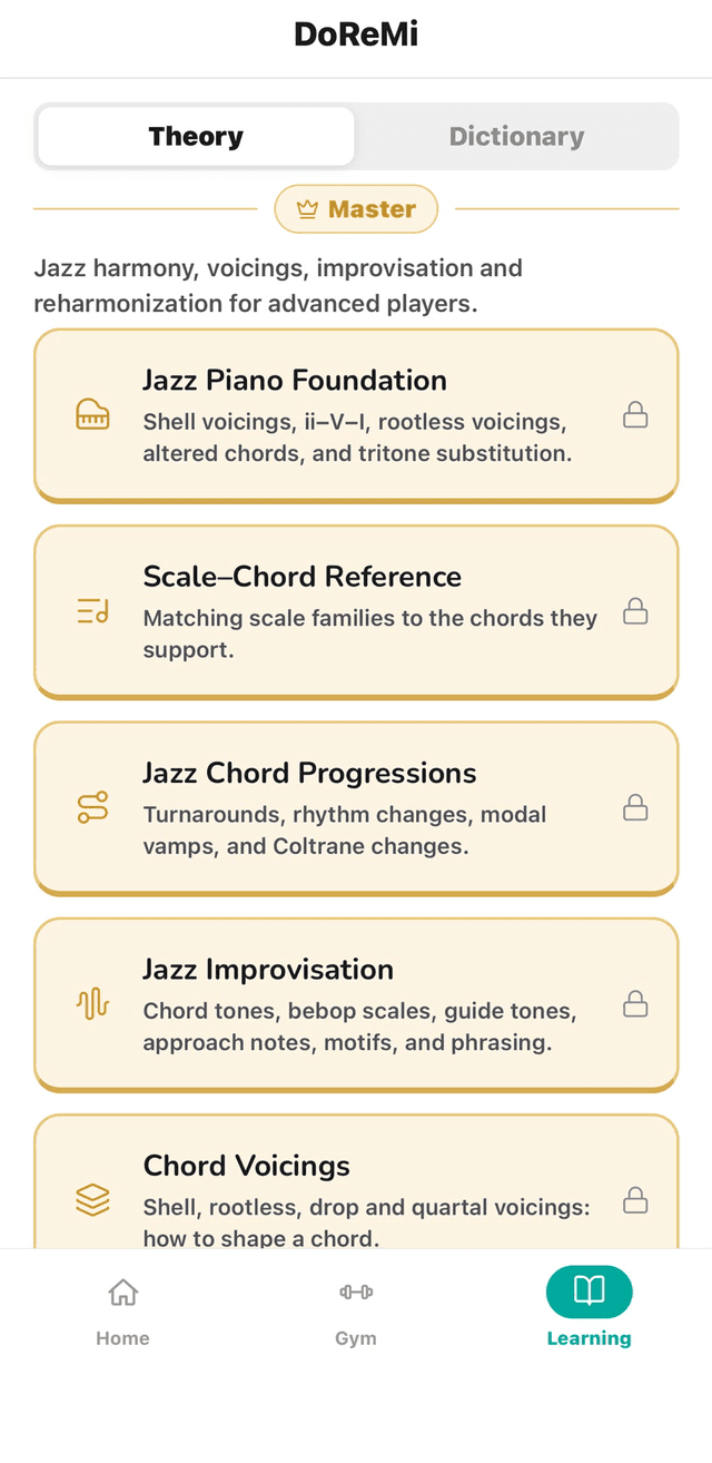 DoReMi Master theory: jazz piano foundation, scale-chord reference, jazz chord progressions, jazz improvisation, chord voicings